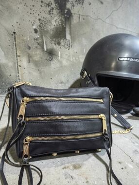 Rebecca Minkoff Black Leather Studded Crossbody Bag with Gold Zippers